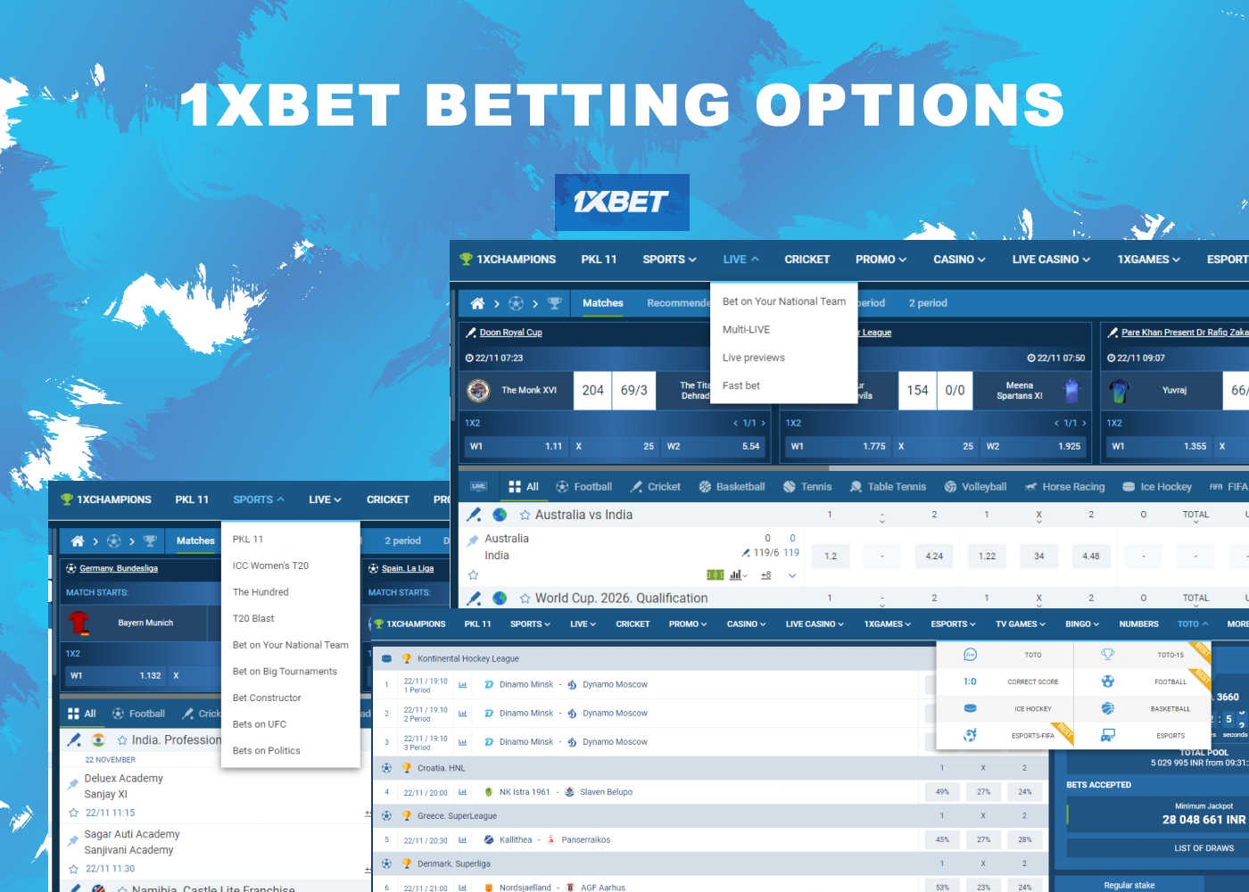 1xBet offers several betting options in Live and Pre-Match modes