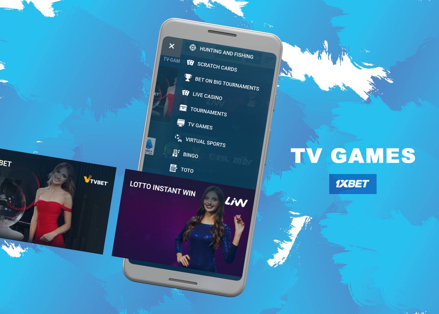 The 1xBet TV Games section presents selections from TVBet and Lotto Instant Win developers
